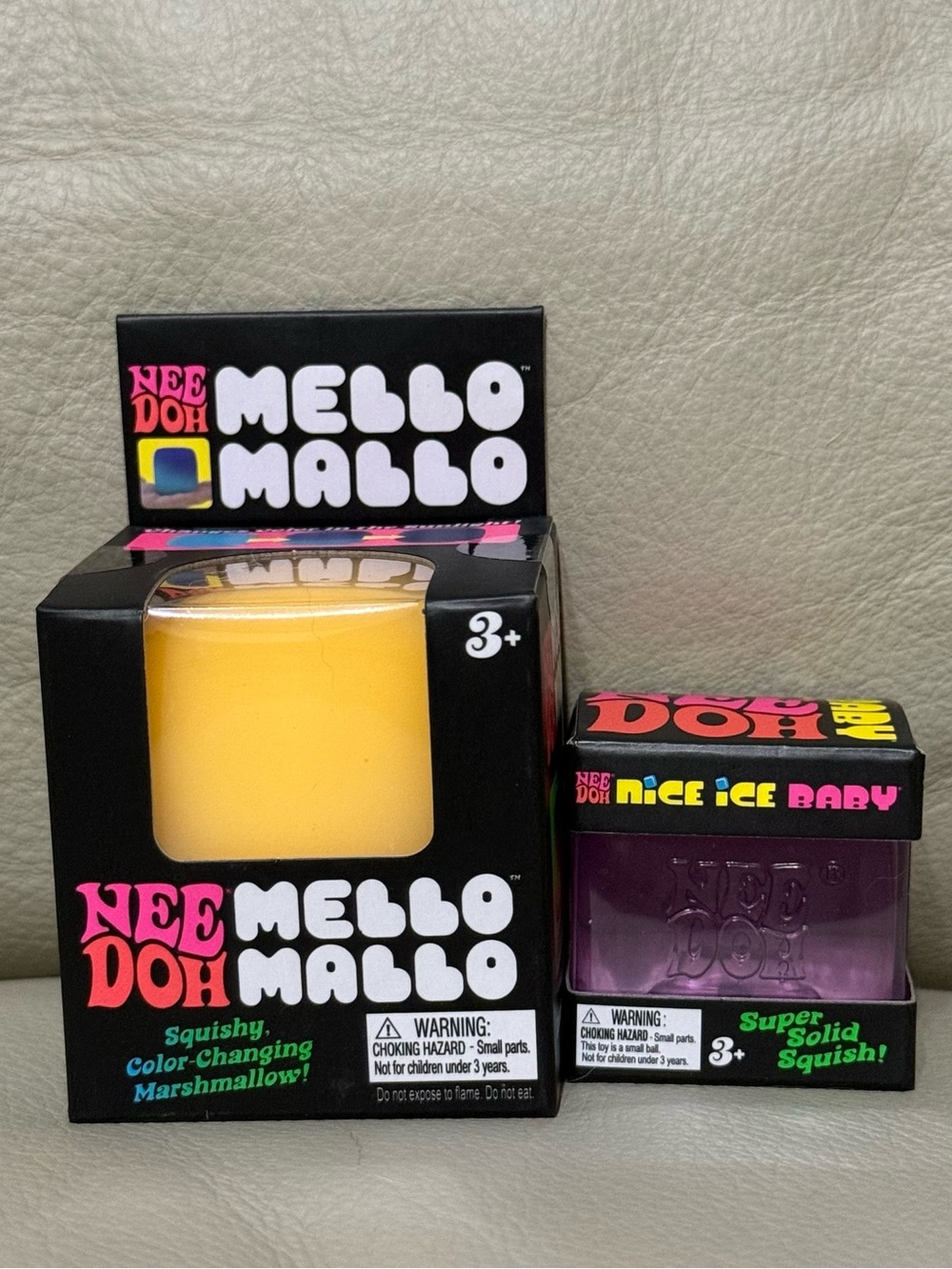 NEW NeeDoh YELLOW Mello Mallo Color Changing Squishy & Purple Nice Ice Baby Cube